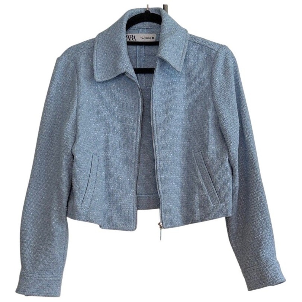 ZARA Light Blue Metallic Tweed Cropped Zip Up Jacket Small 2791/122/403